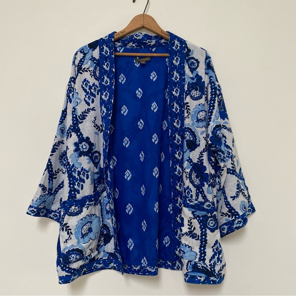Style & Co Linen Cotton Blend Reversible Open Kimono XL EUC Blue White